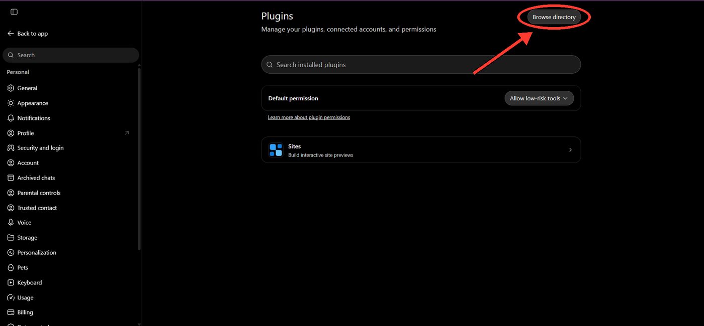 Configuración de ChatGPT, sección Plugins: el botón Browse directory, arriba a la derecha, marcado con un círculo